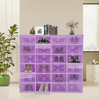 24 Pack Stackable Shoe Boxes with Clear Lids - Foldable Shoe Storage Organizer for Closet Cabinet, Color Options for Sneakers Flats Home Organization (Purple)
