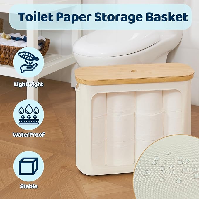 Toilet Paper Storage with Lid, Large Toilet Paper Holder for up to 12 Rolls, Free Standing Bathroom Storage Organizer with Lid, Beige