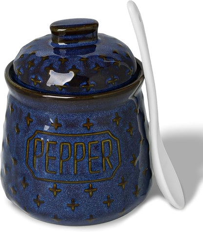 Salt & Pepper Bowl with Lid and Spoon, 10 OZ Ceramic Spices Cellar for Kitchen Counter top, Farmhouse Kitchen Decor (Vintage Blue, 4.3" Label Pepper)
