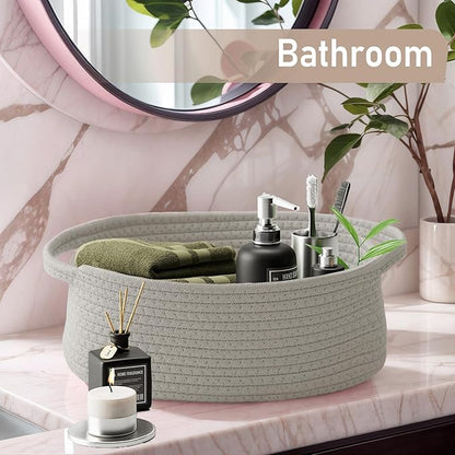 JMvicyroam Woven Basket,Small Rope Storage Bin with Handles & Ribbon Bag, Organizer for Shelves Closets,Gift Basket Empty for Birthday,Books,Dog Toys, Grey