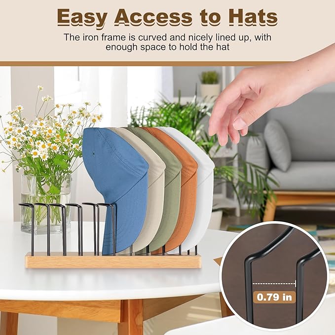 Hat Organizer for Baseball Caps, Wooden Tabletop Hat Rack Holder for 10 Hats Hat Display Stand for Closet Organizers and Storage Natural 2 Pack