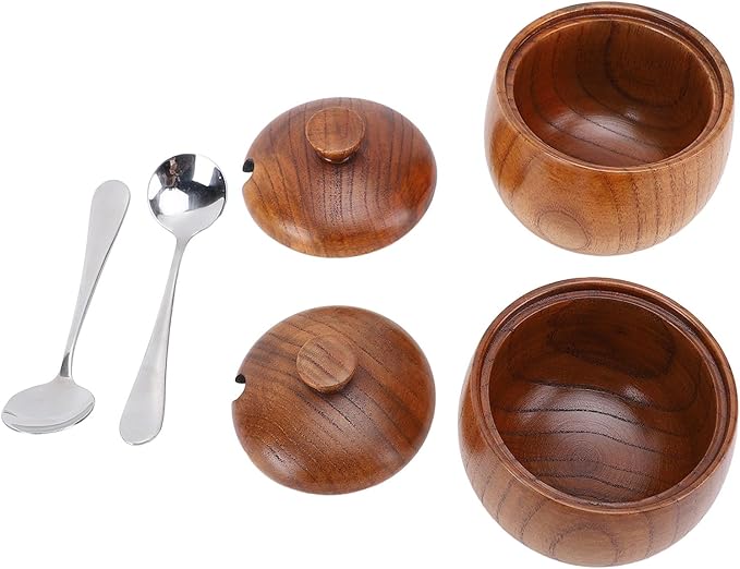 Yosoo Health Gear Wood Salt Bowl 2pcs Wood Salt and Bowl with Lids and Spoons, Multifunctional Salt Jar with Lid Spoon for Sugar Condiment 3.3x2.6in Cellar and Storage Box