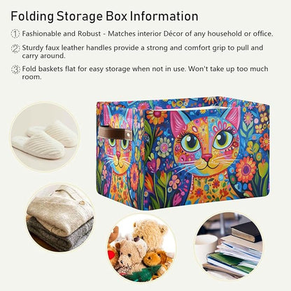 Large Storage Basket Colorful Cat Whimsical Style Storage Bin Cube Canvas Fabric Organizer Handles Collapsible for Clothes Toys Bedroom Decorative