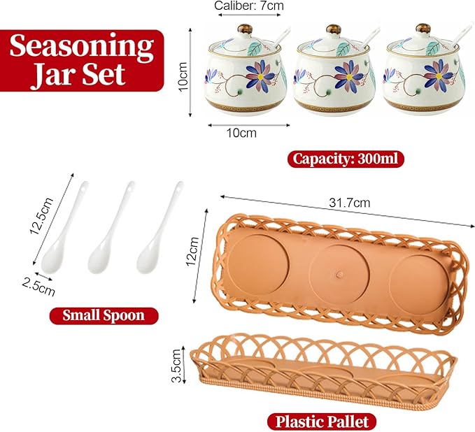 Kitchen Ceramic Condiment Jars with Lids and Spoons, 3 Piece Porcelain Seasoning Jar Set for Salt Spice Pepper Suger Bowl, Coffee Tea Container Pot with Serving Tray - Purple Flower
