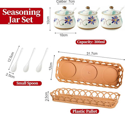 Kitchen Ceramic Condiment Jars with Lids and Spoons, 3 Piece Porcelain Seasoning Jar Set for Salt Spice Pepper Suger Bowl, Coffee Tea Container Pot with Serving Tray - Purple Flower