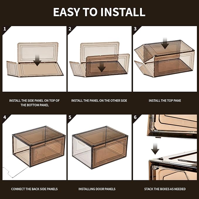 Shoe Boxes Shoe Storage Boxes Display Boxes with Magnetic Doors and Stackable Design, Ideal for Hallways, Under Beds, Wardrobes, and Living Rooms (Magnetic Door-Black, 6 Pack)