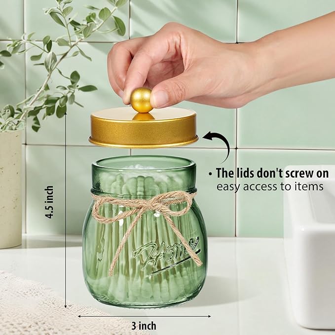 SheeChung Green Glass Qtip Holder Dispenser, Mason Jar Apothecary Jars with Lids, Bathroom Organizers and Storage, Vanity Countertop Canisters Set for Cotton Swab, Ball, Pad, Floss Pick-Gold, 2 Pack
