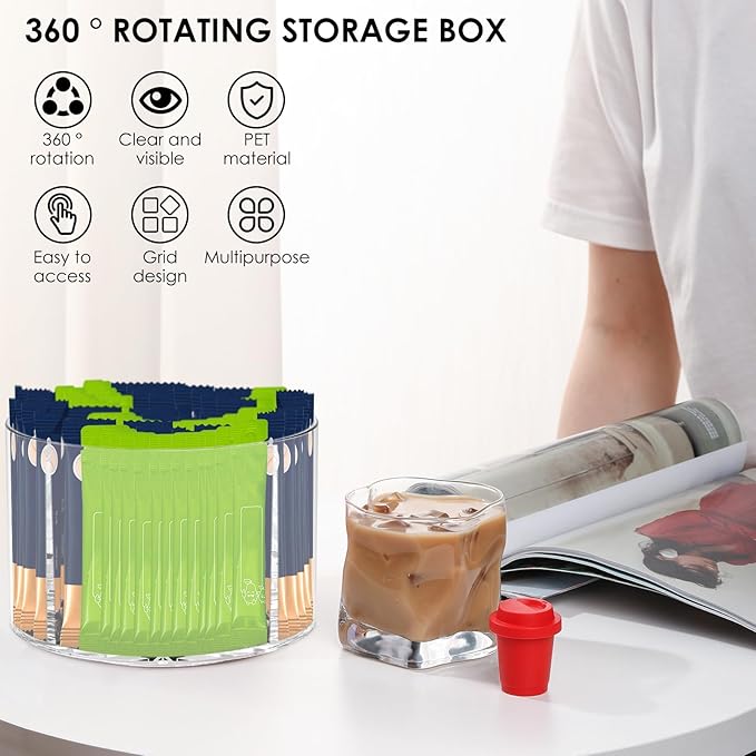 2PCS Rotating Drink Packet Organizer, BPA-Free Clear PET Leakproof Lazy Susan with 4 Compartments, 360° Silent Spinning Storage for Tea/Coffee/Sugar Packets - Pantry/Fridge/Countertop/Office