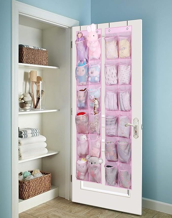 MISSLO Over The Door Shoe Organizer 12 Large Mesh Pockets Hanging Narrow Closet Door, Baby Hanging Shoe Rack Kids Closet Storage bags for Girl Women Men Toddler Nursery, Pink, 2 Pack