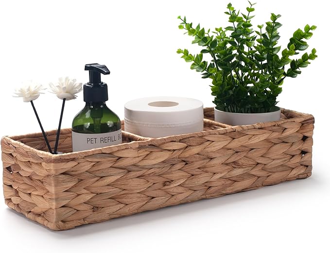 Water Hyacinth Toilet Tank Basket for Toilet Paper Rolls Wicker Baskets for Shelves Tampon Storage for Bathroom 3 Dividers (Large Compartment 16.5inch x 5.5inch x 3.5inch)