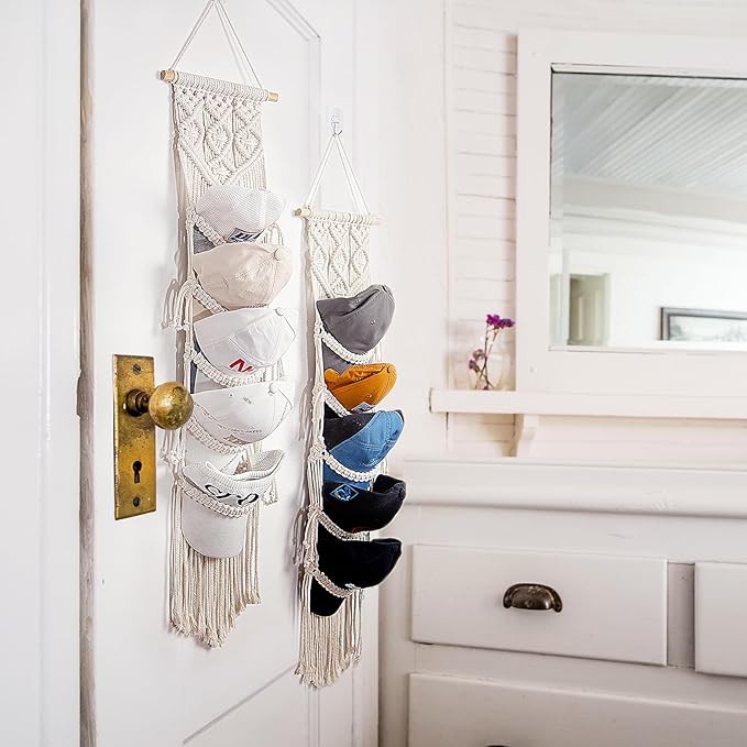 jontell Boho Baseball Cap Hanger-1 Pack-Macrame Hat Organizer for Ball Caps Holder Over Door, Hat Rack for Wall, Cap Rack for Decoration and Display, Boho Handmade Cap Display