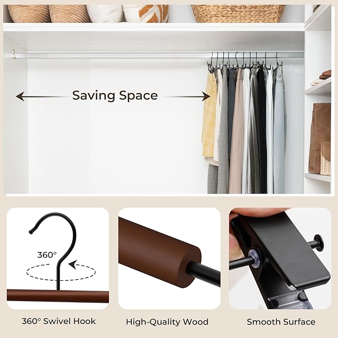 StorageWorks Pants Hangers with Clips, Wooden Clothes Hanger for Skirts, Jeans, Shorts, 10 Pack, Walnut Color