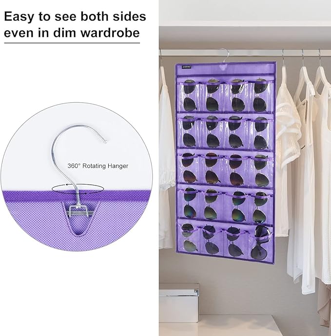 Dual Sided Hanging Sunglasses Organizer Storage Wall Mounted Eyeglasses Holder Eyewear Display Case with 40 Clear Slots (40 Pockets-Purple)