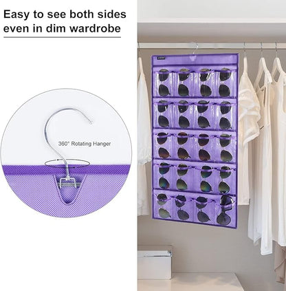 Dual Sided Hanging Sunglasses Organizer Storage Wall Mounted Eyeglasses Holder Eyewear Display Case with 40 Clear Slots (40 Pockets-Purple)