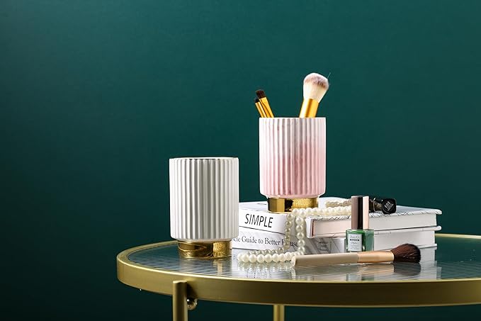 IEEK Pink and Gold Makeup Brush Holder Organizer,Glass Cosmetics Brushes Cup Eyebrow Pencil Pen Container,European Style Striped Brushes Storage,Ceramics Decor for Bathroom Dresser Vanity Desktop