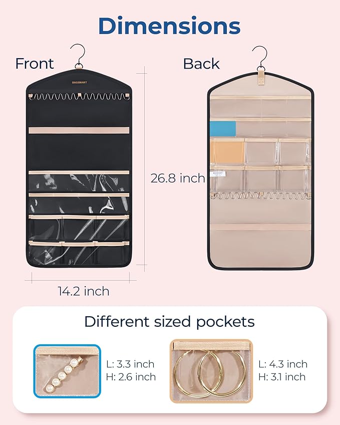 BAGSMART Hanging Jewelry Organizer with Hanger Metal Hooks Double-Sided Jewelry Holder for Organizing Earrings Necklaces Rings Perfect for in Hanging Closet, Wall, Door, 1 Piece, M, Black