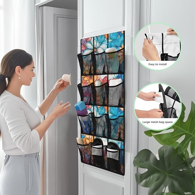 Bohemian Over The Door Shoe Organizer Space Saving Foldable Hanging Storage Holder 12 Mesh Pockets for Kitchen, Office, Dorm Rooms