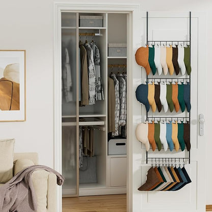 HapiRm Over the Door Hat Organizer - 4 Tier Wall Mounted Hat Rack with 24 Hooks and 10 Movable Clips, Hanging Baseball Cap Organizer Storage Holds to 34 Caps for Door, Bedroom, Closet
