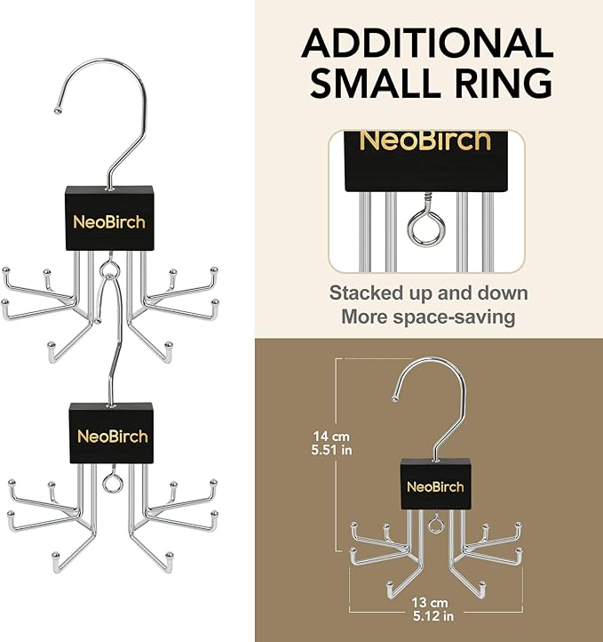 2 Pack Premium Tie and Belt Rack Hanger for Men for Closet Organizers and Storage Space Saving with 360° Rotating Hooks Anti-Slip Clips for Scarves,Hat,Baseball Caps,Tank Tops Bras (L-Shaped Hook)