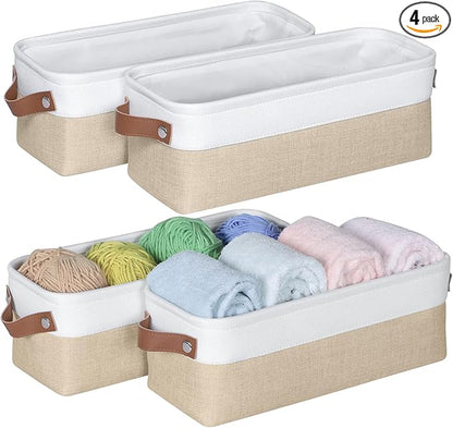 Small Fabric Storage Bins, 15x6x5 inch Narrow Storage Baskets 4-Pack Long Storage Basket for Organizing with Handles, Decorative Basket for Closets, Shelves, Toilet Paper, Beige