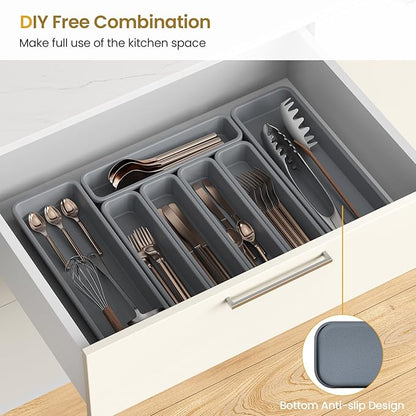 7 Pack Silicone Silverware Drawer Organizer, DIY Free Combination Kitchen Drawer Organizer, Utensil Organizer, Moisture-proof and Heat-resistant up to 200°C, Anti-slip Design (Grey)