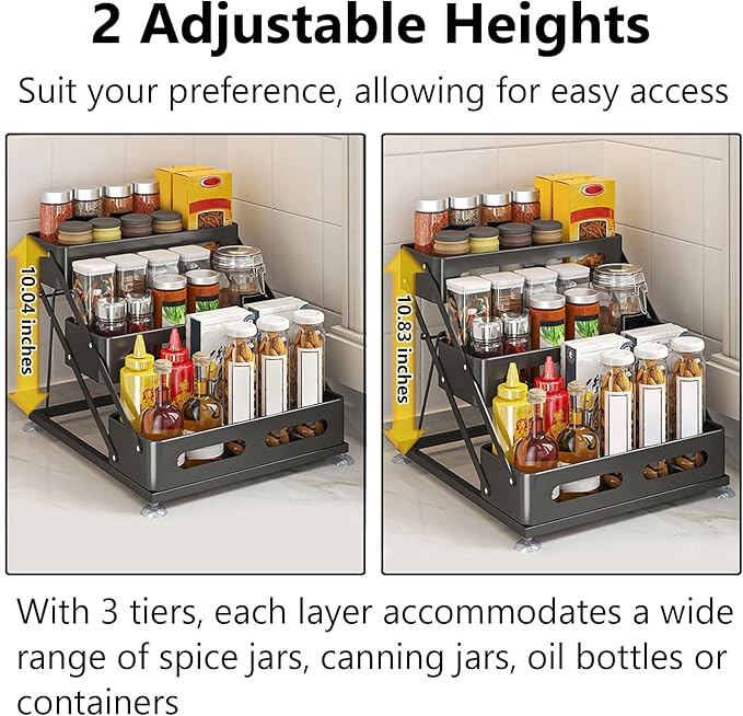 Ceetug 3 Tier Foldable Spice Rack for Countertop Iron Kitchen Seasoning Organizer for Cabinet, Black