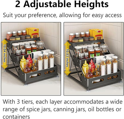 Ceetug 3 Tier Foldable Spice Rack for Countertop Iron Kitchen Seasoning Organizer for Cabinet, Black