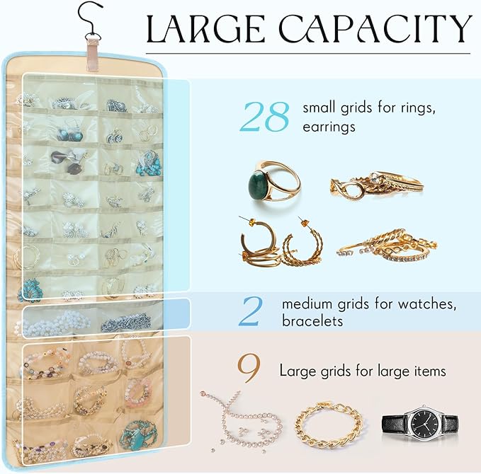 2 Pack Hanging Jewelry Organizer Storage with 39 Pockets, 30 Necklace Hooks Double Sided Wall Mount Earring Holder Organizer Bracelet Necklace Jewelry Display Hanger for Closet Door (Blue)