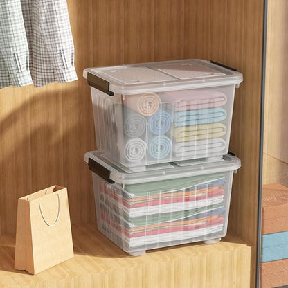 4 Packs 30 L Plastic Latch Storage Box, Clear Bin with Lid and Wheels