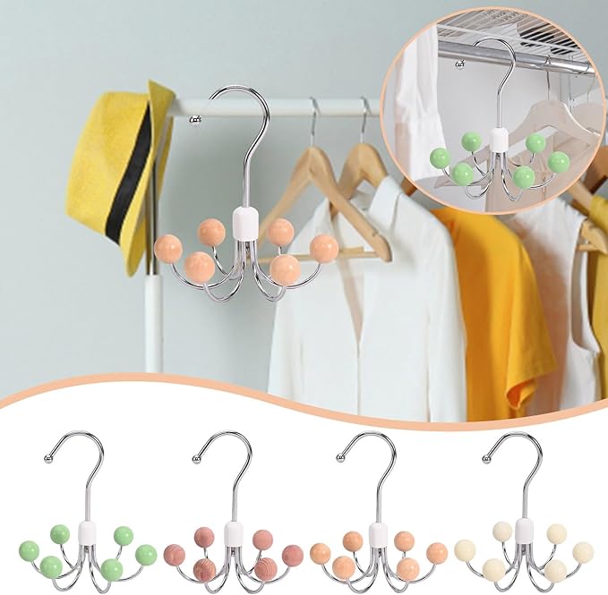 6-Wooden Balls Space Saving Hangers, Multipurpose 360° Swivel Hanger for Closet, Rotatable Wardrobe Hooks, Hanging Holder Organizer for Purse, Belt, Scarf, Bra, Hat and Tie Storage (Beige)