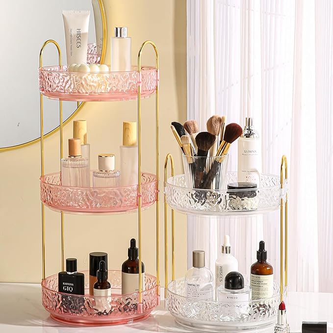 Fangoo Rotating Makeup Organizer for Vanity, 360 Spinning Cosmetic Storage, Perfume Holder for Bathroom Countertop or Dresser (Pink, 3 Tiers)