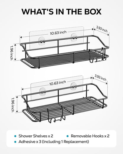 Nieifi Shower Caddy Shelf with Hooks Storage Rack Organizer Adhesive Stainless Steel Without Drilling for Bathroom, Lavatory, Washroom, Restroom, Shower, Toilet, Kitchen - 2 Pack (Black)