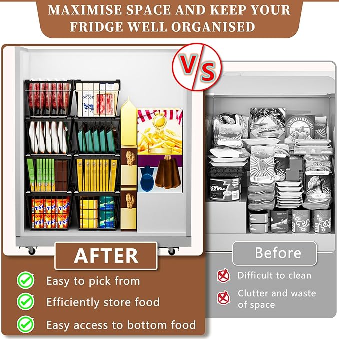Enhanced Leak-Proof Bottom - Freezer Organizer Bins ，4 Pack Stackable Deep Freezer Organizer Bins for 7 Cu.FT Small Chest Freezer，organization and storage，pantry organizers(4 Pack-black)