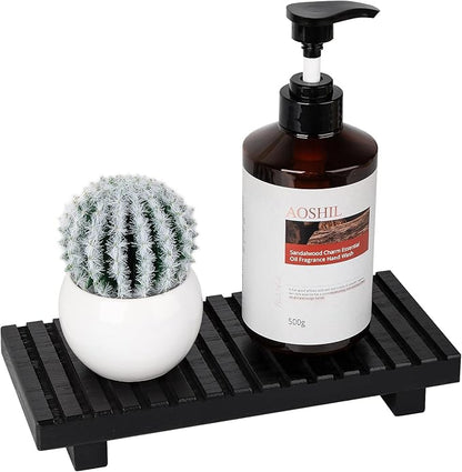 Bathroom Tray Rustic Farmhouse Bathroom Decor Wood Display Stand Riser Kitchen Soap Dish Holder for Vanity, Countertop, Sink, 10 * 4.5 Black