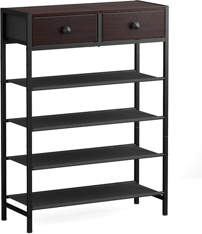 Shoe Rack, 5 Tier Shoe Organizer with 2 Drawers, Metal Shoe Storage for 16-20 Pairs of Shoes with Fabric Shelves and Wooden Top, Narrow Shoe Shelf for Closet Entryway Dark Brown