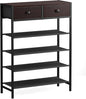 Shoe Rack, 5 Tier Shoe Organizer with 2 Drawers, Metal Shoe Storage for 16-20 Pairs of Shoes with Fabric Shelves and Wooden Top, Narrow Shoe Shelf for Closet Entryway Dark Brown