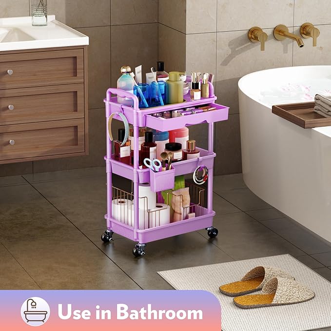 SUNALLY Makeup Cart Organizer with Drawers, Floor Skincare Organizers Vanity Storage Organizer, Rolling Makeup Bathroom Storage Cart Cosmetics Display Cases for Skin Care Perfume Nail Polish, Purple
