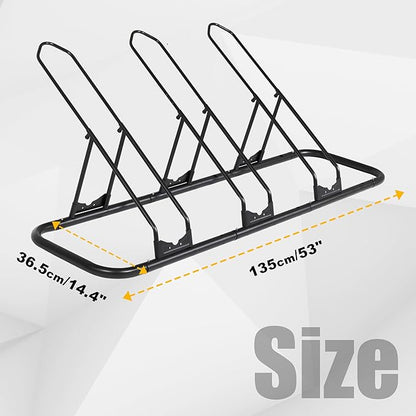 CyclingDeal Bicycle Floor Parking Rack Stand - for Mountain MTB Road Bike - Indoor Home Garage Storage - Adjustable for 3 Fat Bikes