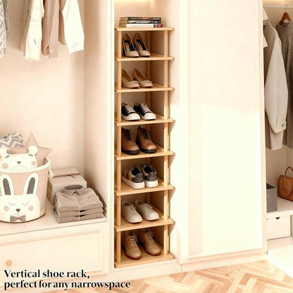 Aniston 8 Tier Bamboo Shoe Rack, Free Standing Slim Narrow Shoe Storage, Vertical Tall Shoe Shelf Organiser for Garage, Closet, Doorway, Corner, Living Room Small Spaces