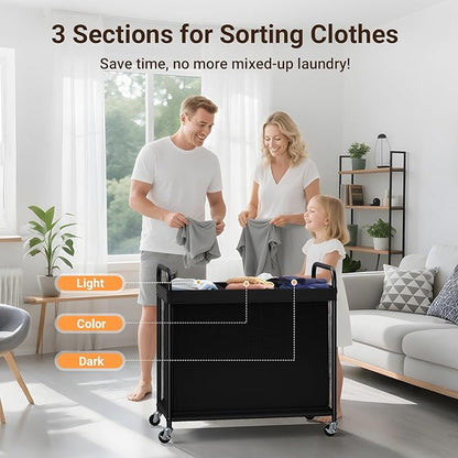 ELYKEN Laundry Hamper 3 Section, 120L Rolling Laundry Sorter with Removable Liner Bag, Laundry Basket with Wheels, Steel Frame with Metal Handle, Clothes Hamper Cart for Laundry Room & Bedroom