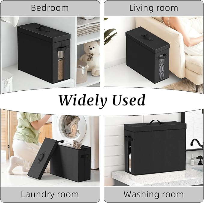 NAMTSO Bathroom Toilet Paper Storage with Lid - for Up to 12 Rolls | Storage Bins with Lids for Towel or Yarn | Free Standing | Foldable | Moisture Resistant | Clear Plastic Window | Black | 1 Pack