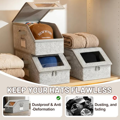 Hat Storage Organizer for Baseball Caps, Dustproof Cap Container with Clear Window & Zipper, Stackable Hat Box Holder for Closet, Fits Snapbacks Visors Beanies, 2 Pack