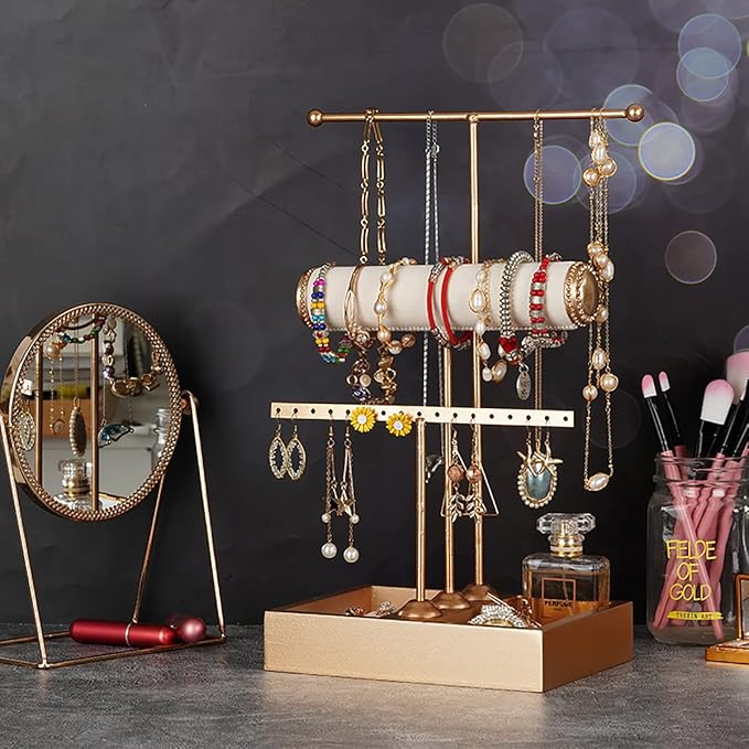 Jewelry Organizer Stand 3 Tier Hanging Jewelry Organizer for Earring Necklace Bracelet Holder Jewelry Ring Perfume Organizer Box Holder Storage (3-Tier Gold)……