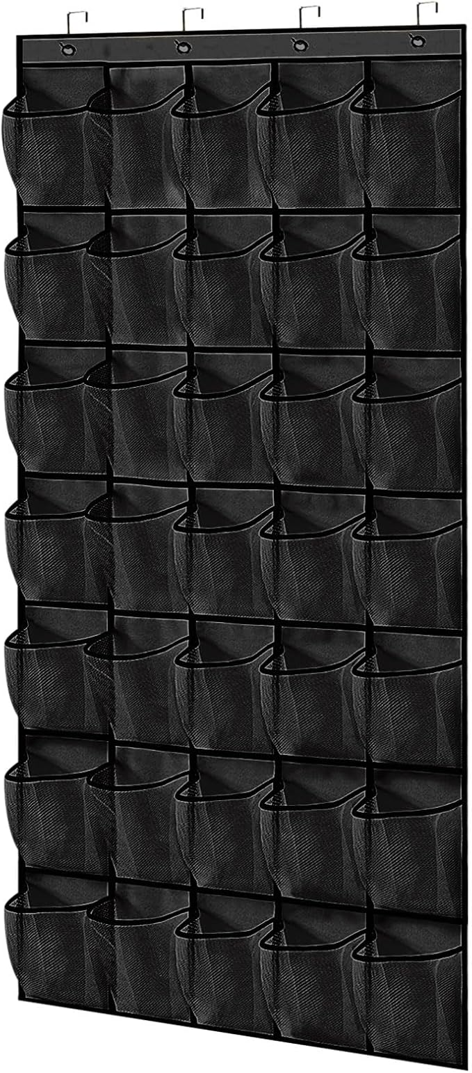 35 Pocket Black Over the Door Shoe Organizer, Reusable Breathable Large Mesh Bag Men's & Women's Sneaker Organizer, for Hanging Shoe