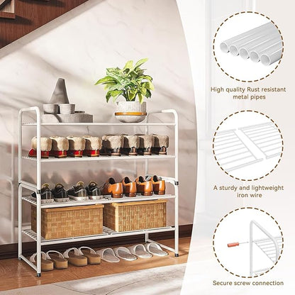 Standard Shoe Rack 2-Tier 32.5 Inches Wide, Free Standing Shoe Organizer for Indoor Outdoor | Adjustable Heavy-Duty Metal Shelf Ideal for Home Entryway Closet & Garage Balcony | White
