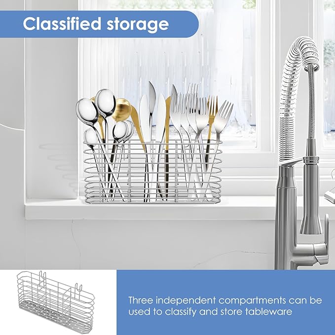 2Pcs Stainless Steel Cutlery Hanging Basket for Knife Fork Spoon,Quick Drying Compartmental Utensil Drainage Rack,Rustproof Hollow Out Utensil Drying Basket for Kitchen