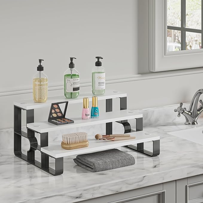 Perfume Organizer for Women,3 Tier Bathroom Organizer,Makeup Organizers,Cologne Stand for Dresser,Wooden Display Riser for Vanity,Bedroom,Waterproof (White Width=11.2")