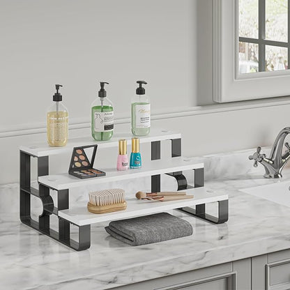 Perfume Organizer for Women,3 Tier Bathroom Organizer,Makeup Organizers,Cologne Stand for Dresser,Wooden Display Riser for Vanity,Bedroom,Waterproof (White Width=11.2")