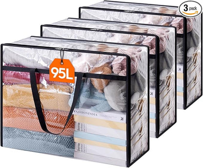 Lifewit 3 Pack Clear Clothes Storage Bags, 95L Plastic Blanket Storage Bag, Vinyl Foldable Moving Bags with Zipper, Closet Organizers and Storage Containers for Bedding, Duvet, Comforter