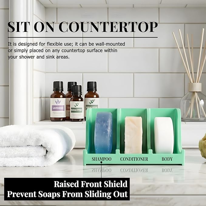 Soap Holder for Shower Wall, 3-Compartment Soap Dish for Shampoo, Conditioner and Body Soap, Fast Draining & Rust-Proof & Heavy Duty, Ultra-Strong Self Adhesive & Freestanding (Mint Green, Label)